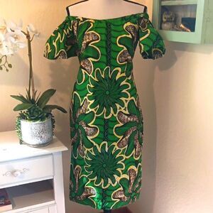 African Wax Print Green Floral Off-Shoulder Dress Handmade One of A Kind
